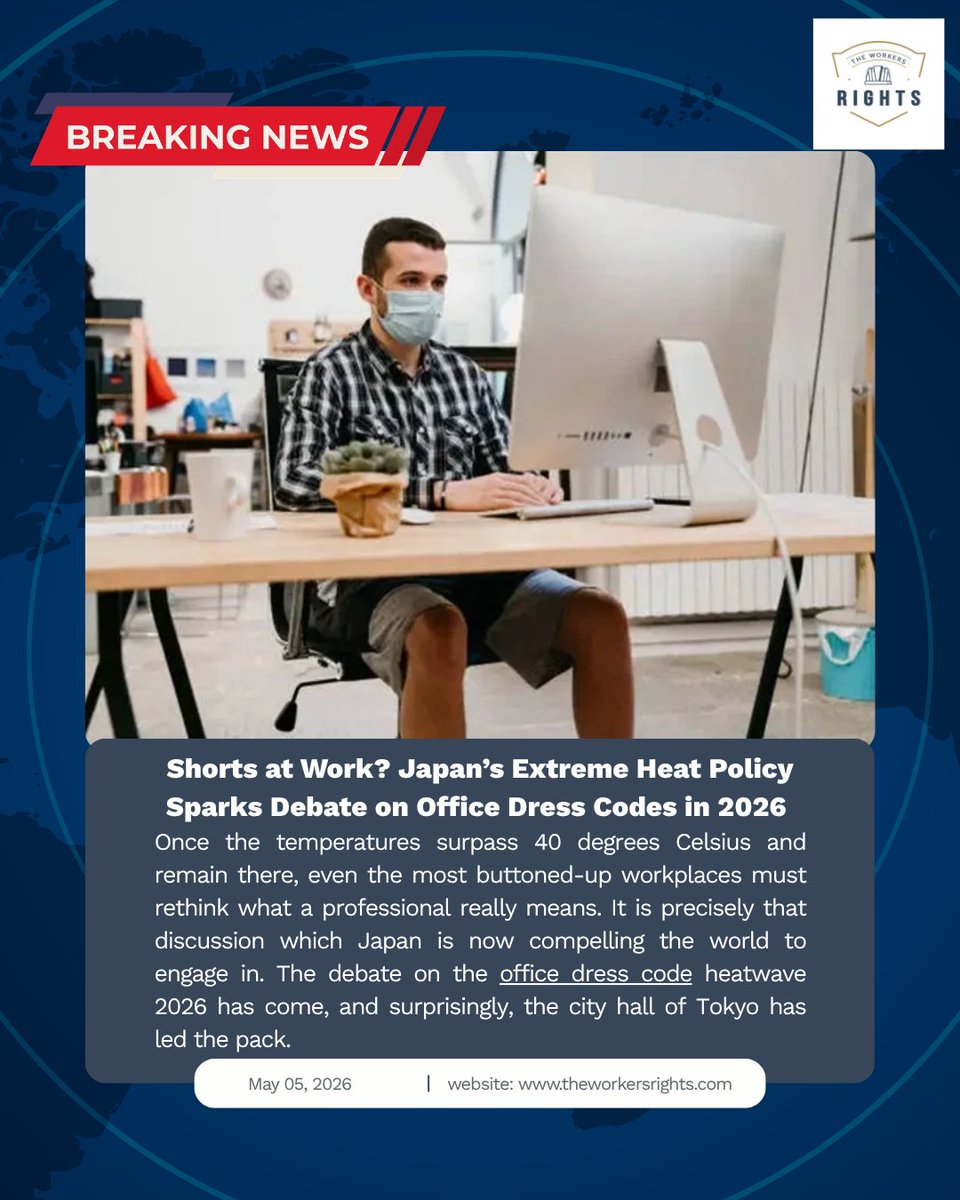 theworkersright's tweet image. Japan is challenging outdated office norms as extreme heat pushes temps past 40°C. Tokyo city hall allowing shorts at work sparks a bigger question: Should worker comfort come before old dress codes? #WorkersRights #Japan #Heatwave #OfficeCulture #ClimateChange #Tokyo