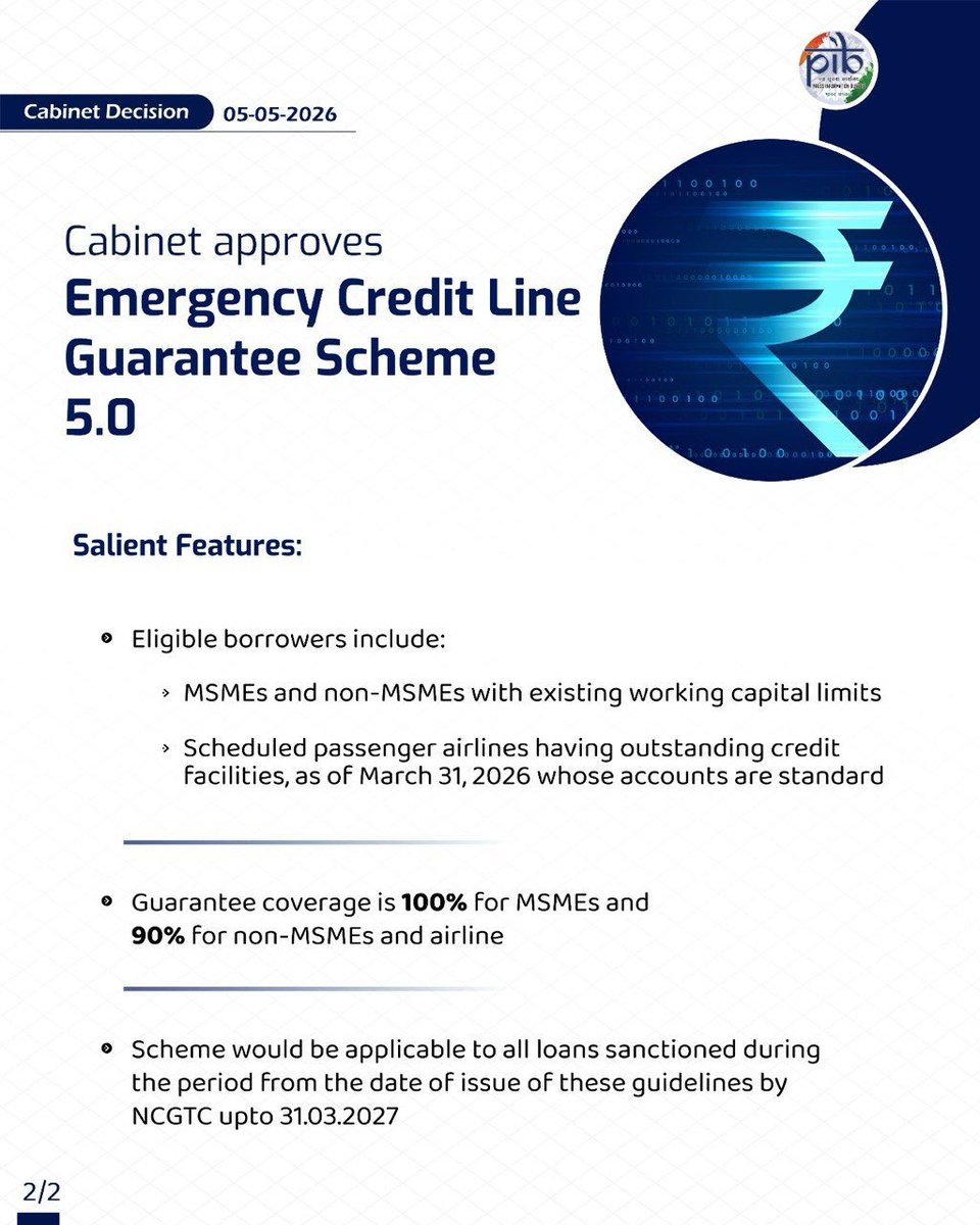 airnewsalerts's tweet image. #Cabinet approves Emergency Credit Line Guarantee Scheme 5.0

𝐓𝐡𝐞 𝐃𝐞𝐭𝐚𝐢𝐥𝐬:👇