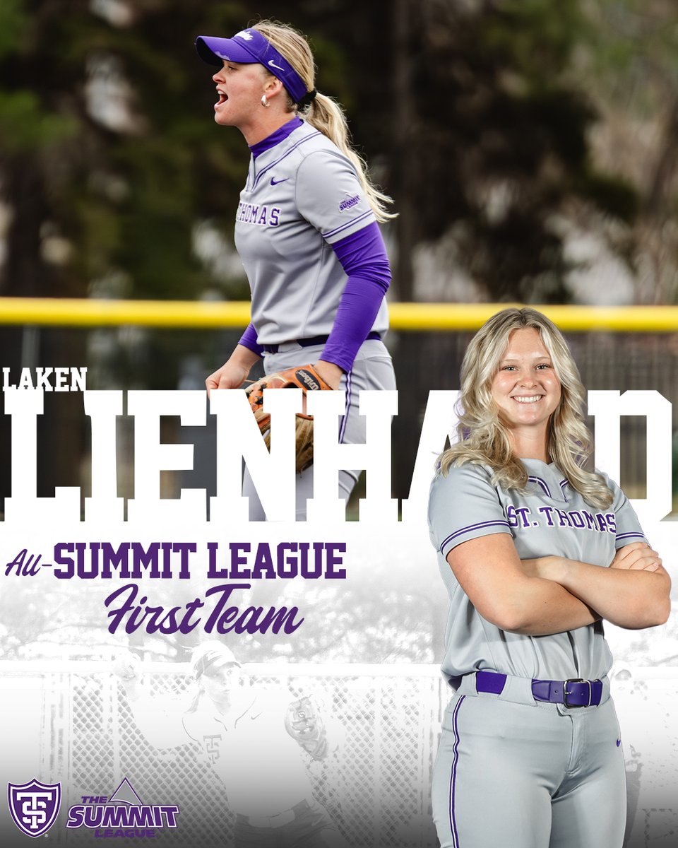 TommieSoftball's tweet photo. Another dominant season from Laken up the middle! 

She led @TheSummitLeague with a 1.450 OPS in league play! 

Her third year in the conference and her third selection to the First Team

#RollToms https://t.co/q6H8QIvnzk