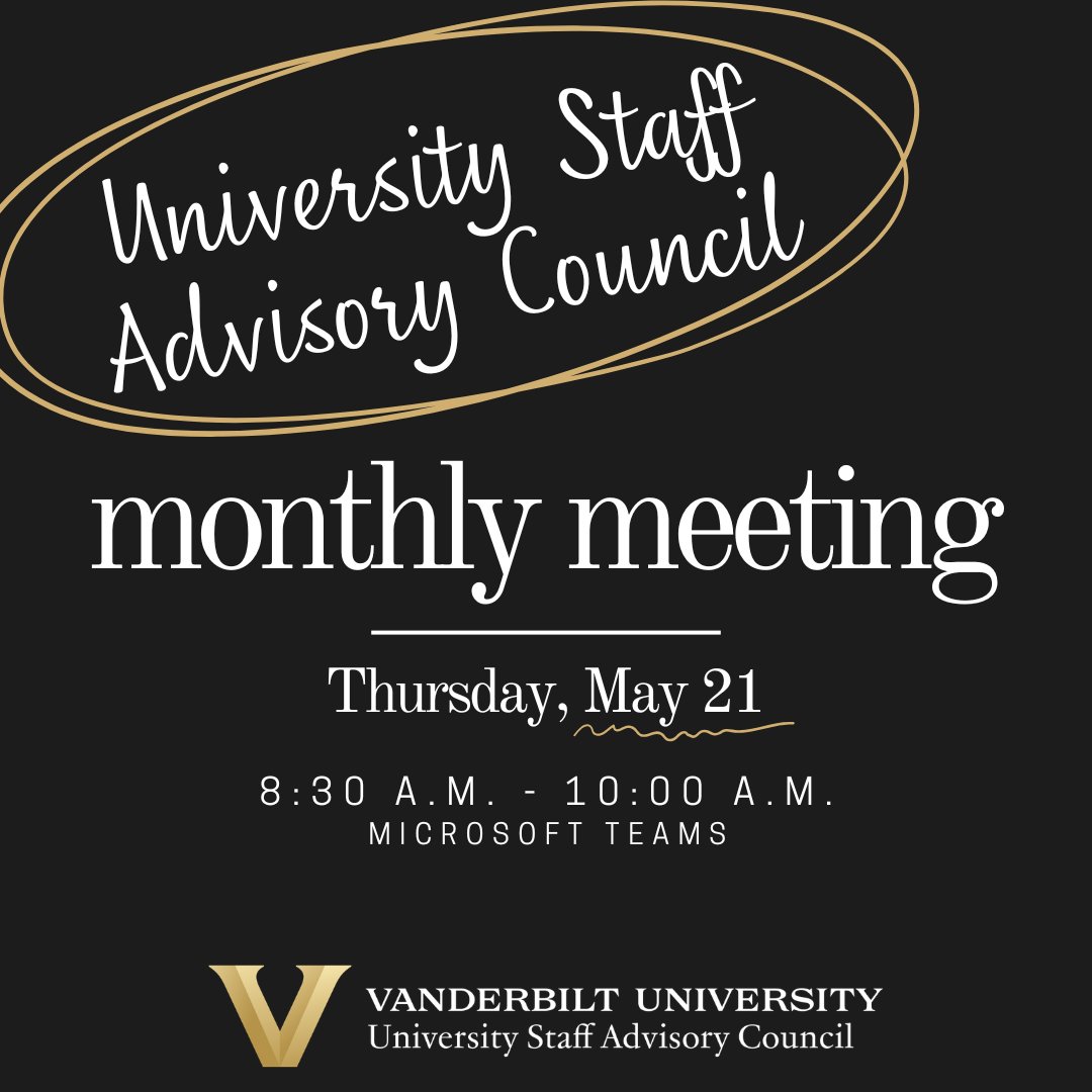 VanderbiltUSAC's tweet photo. The next USAC meeting will be held virtually on Teams on Thursday, May 21 at 8:30 a.m. The meeting is open to all staff the council represents. To receive an invite, email USAC@vanderbilt.edu. https://t.co/6mLYDkWqGy