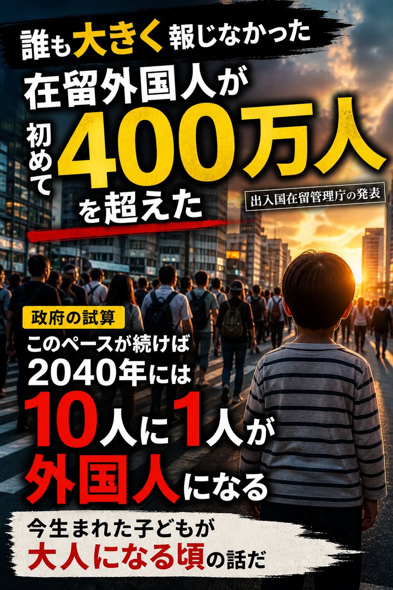 japan_nobunaga's tweet photo. 誰も大きく報じなかった

去年、在留外国人が
初めて400万人を超えた

出入国在留管理庁の発表だ
政府はこう試算している

このペースが続けば
2040年には
10人に1人が外国人になる

今生まれた子どもが
大人になる頃の話だ https://t.co/htaJVtqwhA