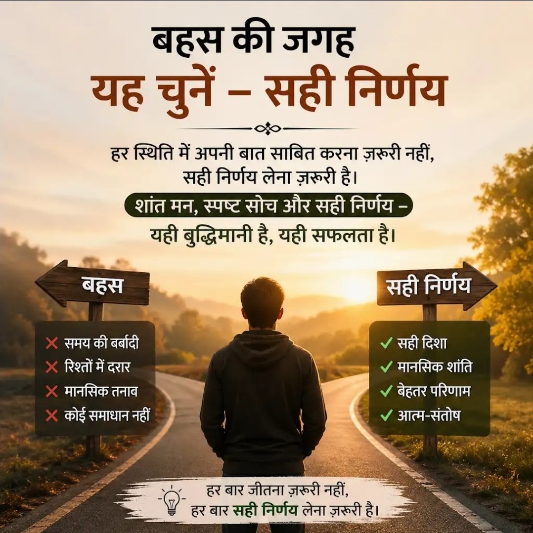 BishanMalik's tweet image. बोलने से पहले सोचें, दूसरों की बात ध्यान से सुनें, फिर धैर्य से जवाब दें तो शांति बनी रहती है।
स्वस्थ चर्चा से आपसी समझ और रिश्ते मजबूत होते हैं।
#DailyLifeTips
#LifeWisdom 
#MotivationDaily