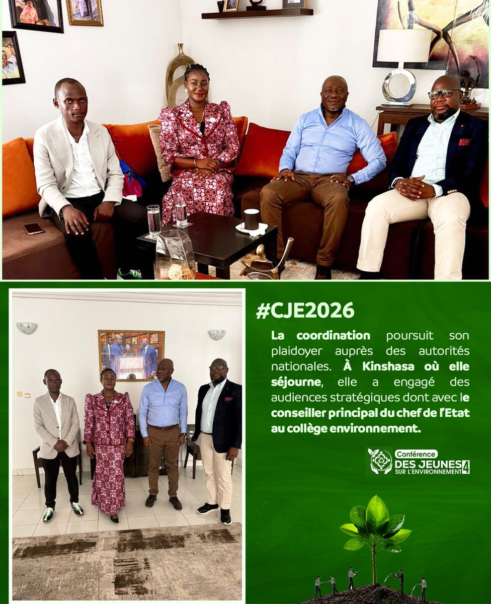 KonsoJean's tweet photo. ‼️🇨🇩 En séjour à Kinshasa,la délégation de la J.T.P.E.E, conduite par Mme Pascaline Mwenge, a été reçue par le conseiller principal du Chef de l’État au collège environnement, M. Tosi Mpanu.

La délégation a présenté la 4ème édition #CJE2026, prévue du 03 au 05 juin à Lubumbashi. https://t.co/yRWvIOp7y7