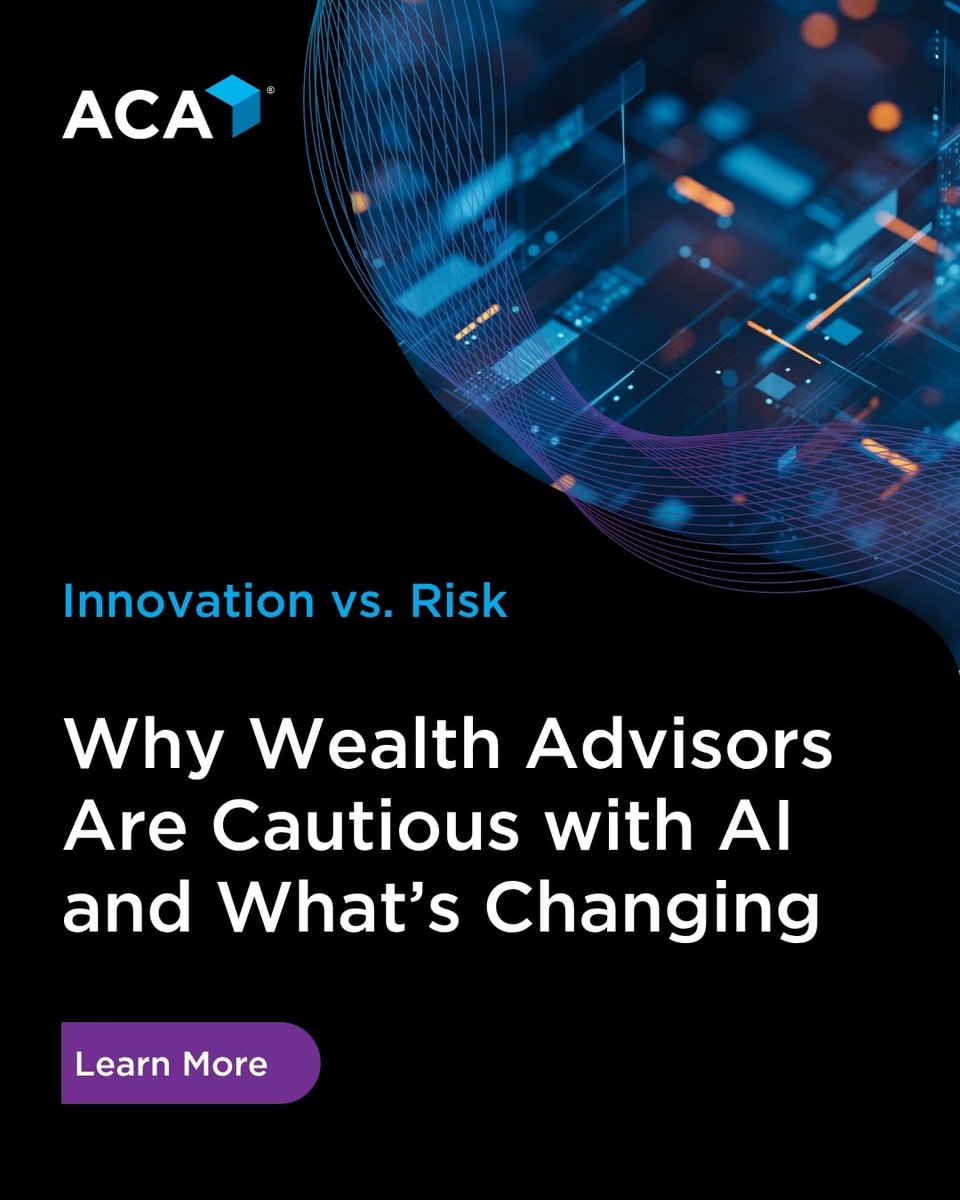 ACACompliance's tweet image. AI is moving fast across financial services, but many wealth advisors are still taking a cautious approach. Read the full breakdown and see where advisory is headed: hubs.ly/Q04fq2_60
 
#AI #WealthManagement #Compliance #FinTech