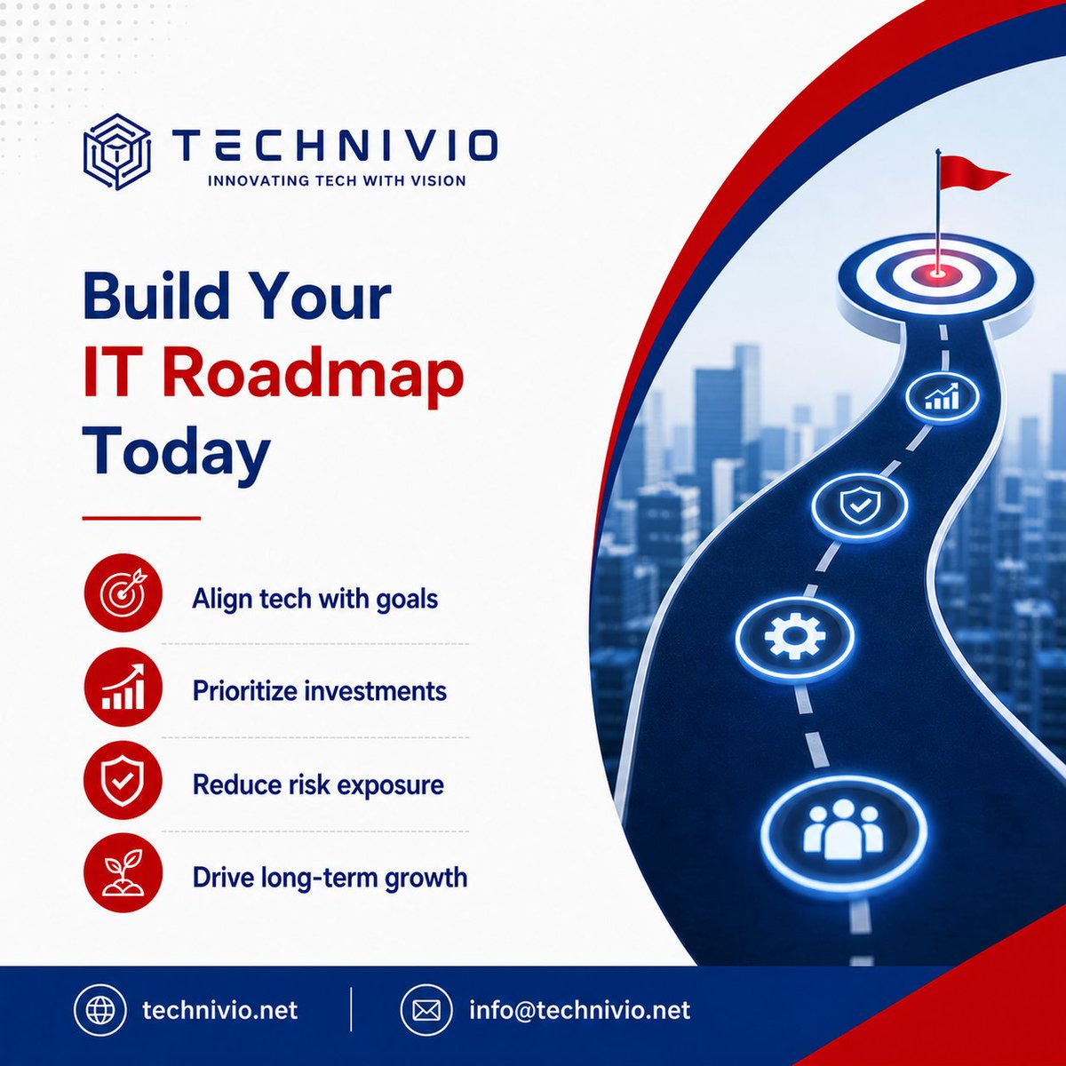 technivio's tweet photo. Plan smarter for tomorrow.

• Align tech with goals
• Prioritize investments
• Reduce risk exposure
• Drive long-term growth

🌐 https://t.co/SQz0OvRmJL | 📧 info@technivio.net

#ITRoadmap #StrategicPlanning #TechVision #BusinessSuccess #Technivio #USA #India https://t.co/S6FogJZc31