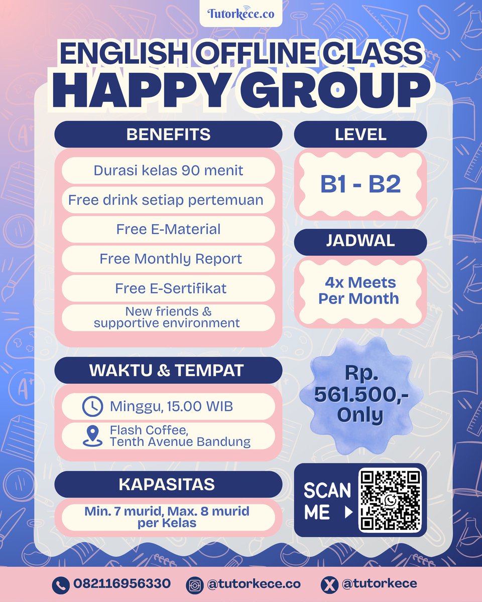 Mau jago Bahasa Inggris tapi tetep happy? ✨
Gabung di English Offline Class "Happy Group" bareng <a href="/tutorkece/">Les bahasa inggris korea jerman online | Tutorkece</a>! 
Cuma di sini bisa belajar seru plus dapat temen-temen baru yang supportive banget! 🎉

Info lengkap cek poster ya. Yuk buruan daftar! 🚀

#zonauang #kursusbahasainggris