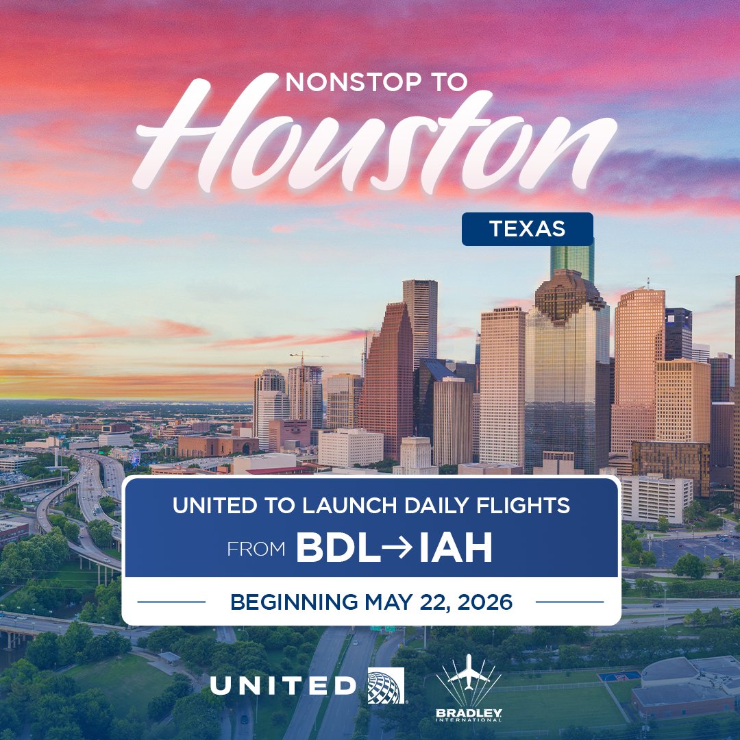 Bradley_Airport's tweet photo. ✈️ Houston, we're almost ready for takeoff. 

United's new daily, year-round nonstop service from Hartford, CT (BDL) to Houston, Texas (IAH) launches on May 22!

Book today > https://t.co/flOiEJHt81 https://t.co/Tl9ANjAn4W
