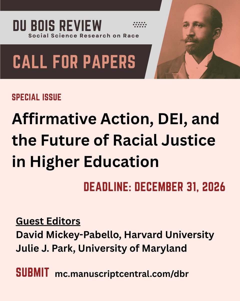 DuBoisReview's tweet image. Call for Papers: hutchinscenter.fas.harvard.edu/dubois-reviewD…: December 31, 2026

@dmhurdle @JHUCarey @LSEGovernment @vupeabodyisl @PrincetonSPIA @GUPolitics @McCourtSchool @UCLALuskin @fordschool @NYUWagner @insidehighered #HigherEd @DukeSanford @ColumbiaSIPA @uncsog #publicpolicy