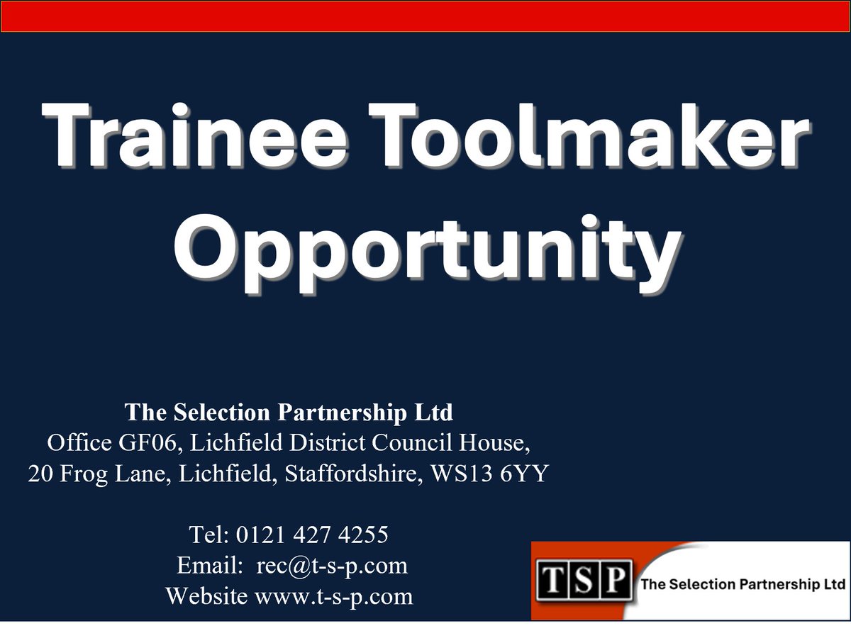 TSPRecruitment's tweet image. Trainee Toolmaker, #Gloucestershire, Negotiable

Contact: Scott Thompson - 0121 427 4255 or send your cv to st@tsponline.co.uk

#jobopportunity #jobsearch #manufacturing #engineering #trainee #toolmaker #cnc