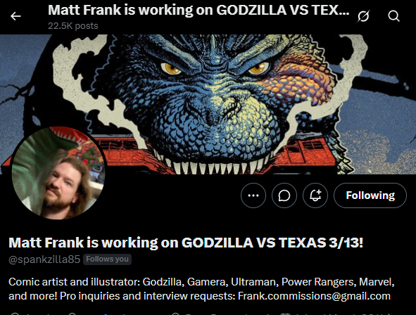 Matt Frank is working on GODZILLA VS TEXAS 3/13! (@spankzilla85