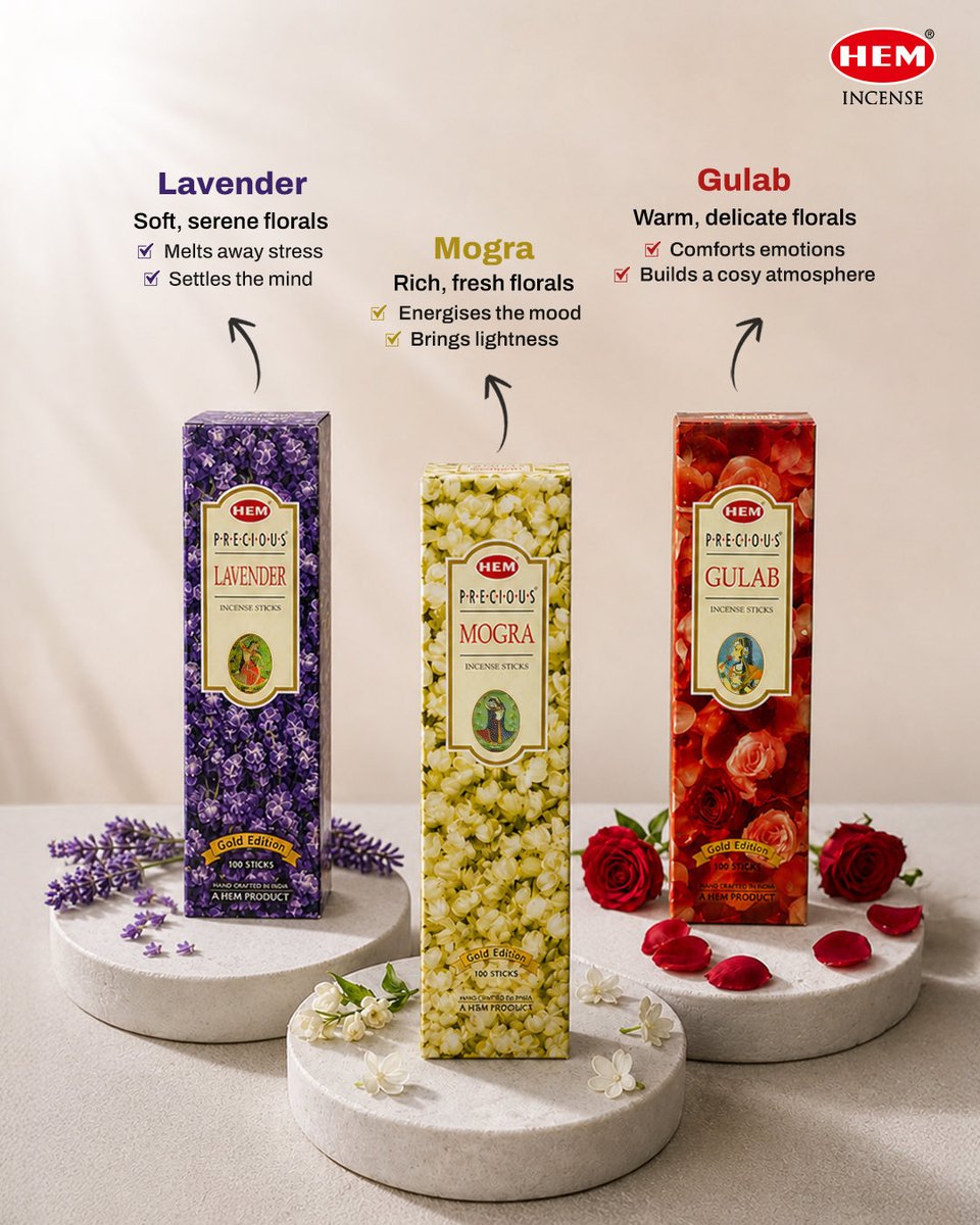 hemincens's tweet photo. Floral notes. Quiet moments. Better moods.
Discover the calming touch of Lavender, the comfort of Rose, and the uplifting warmth of Mogra. ✨

#HEM #HEMIncense #EverydayRituals #FragranceRituals #Wellness https://t.co/kkyc8xn0Sy