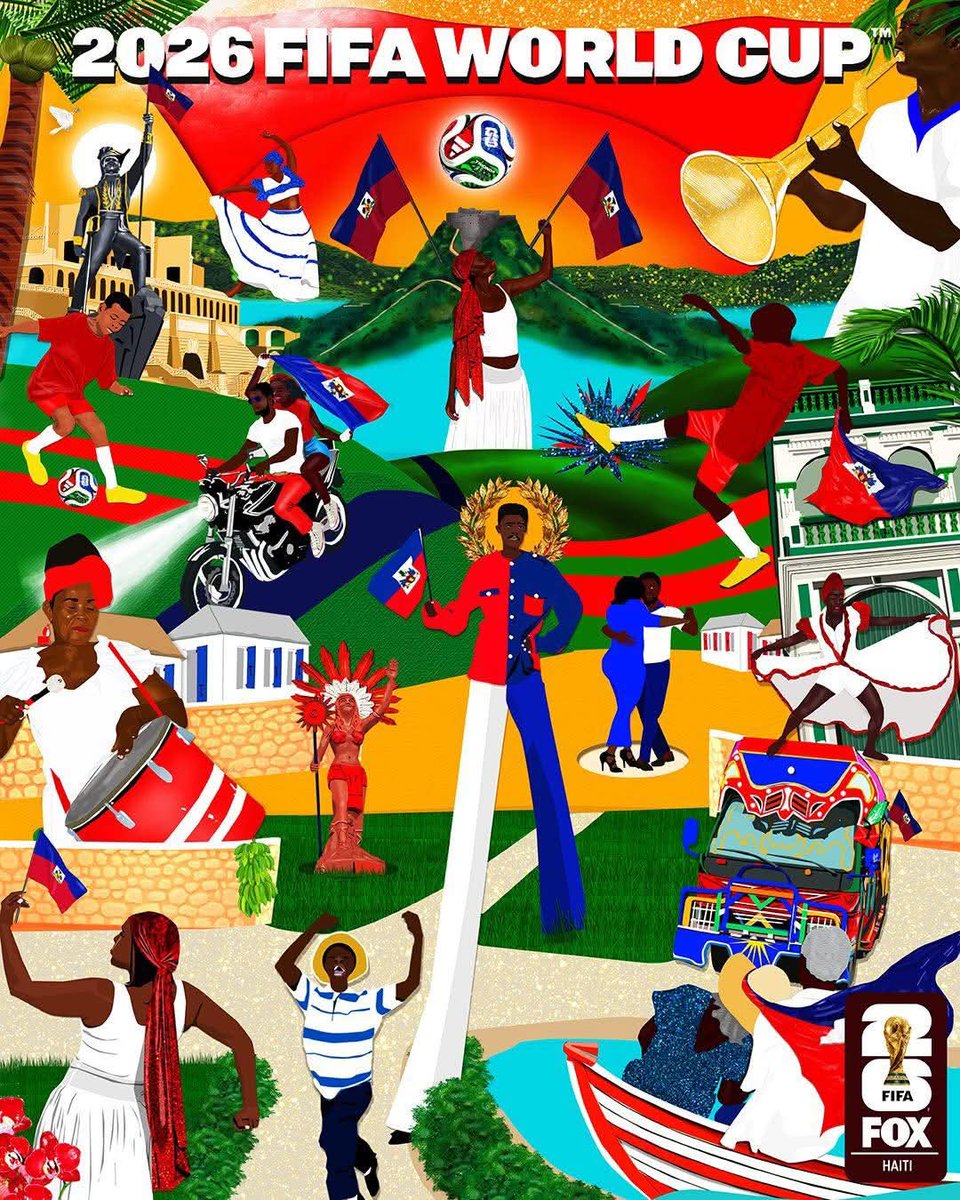 Donsuko's tweet photo. La culture haïtienne mise à l’honneur à travers une image publiée par FOX Soccer, aux côtés des sélections nationales qui participeront à la Coupe du Monde 2026. Une belle reconnaissance pour Haïti sur la scène internationale ! 👏🇭🇹✅ https://t.co/bCZtgV0BBE