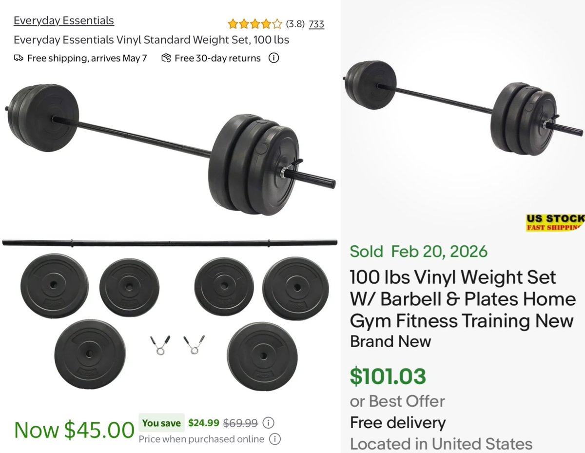 GlitchedDeals's tweet photo. 100-LB WEIGHT SET + BARBELL FOR $45

This home gym set includes 25-lb, 15-lb, and 10-lb plate sets + barbell and clips

Same set has sold for over $100 on eBay before

Free shipping included + free 90-day returns if unsatisfied

https://t.co/iDbk4vXZUB #ad https://t.co/W7RddqBU1f
