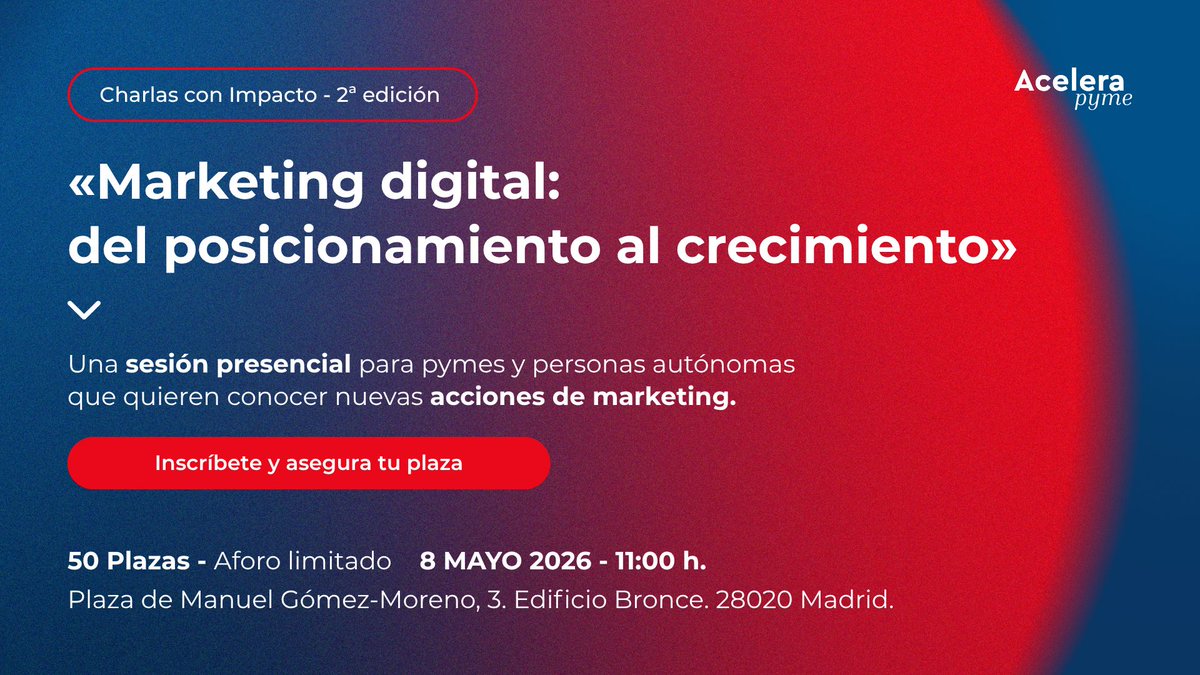 redpuntoes's tweet photo. 🚀Posicionamiento, visibilidad, marca, crecimiento. Todo lo que tu pyme necesita, en un solo encuentro organizado por nuestra plataforma @Acelerapyme: la II edición de Charlas con Impacto.
📅 8 de mayo – 11:00h.
📍 Edificio Bronce.
🔗Inscríbete: https://t.co/tntsGQz4Xy
#FEDER https://t.co/F7AgjE884w