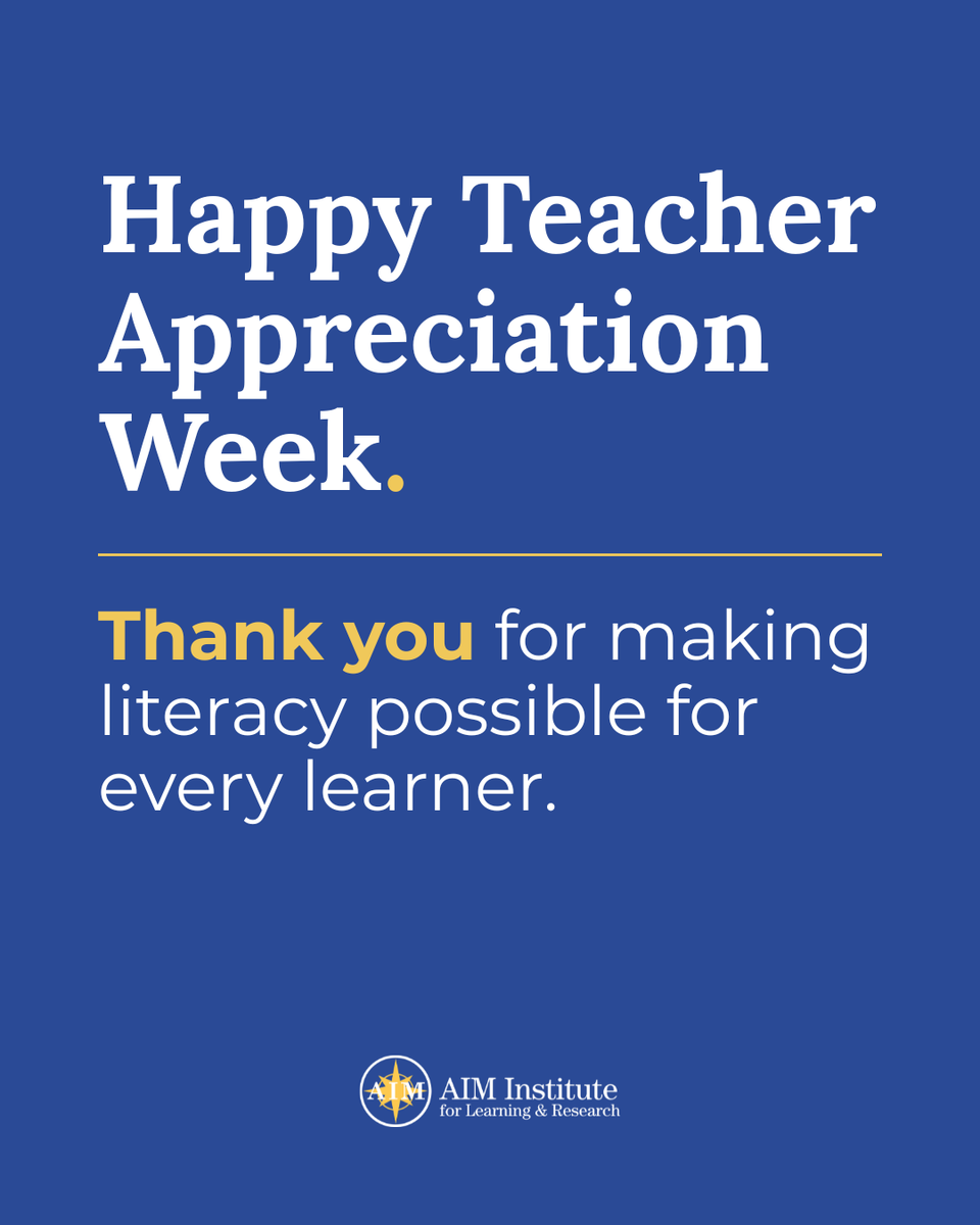 AIMtoLearn's tweet photo. This Teacher Appreciation Week, we celebrate all of the educators who are shaping the future of literacy, one student, one classroom, one breakthrough at a time. 💛

We are inspired every day by the educators we partner with across the country. Educators who are not only dedicated to their students, but committed to deepening their practice, applying research in real time, and creating meaningful change in their classrooms.

To every educator, thank you for your dedication, your curiosity, and your unwavering belief in your students.

Your impact reaches far beyond the classroom, opening doors for every learner to read, succeed, and thrive.