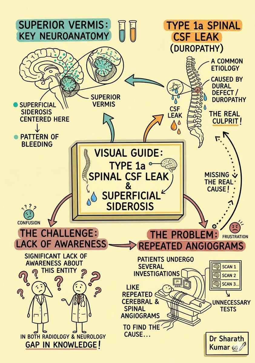 🧠 **Diagnostic Pearl for #Neurology &amp; #Radiology:**
Seeing Superficial Siderosis centered around the Superior Vermis?
🛑 Stop the endless cerebral angiograms!
🔎 INSTEAD: Screen the spine to look for an epidural CSF collection.
The most common hidden etiology is often a Chronic
