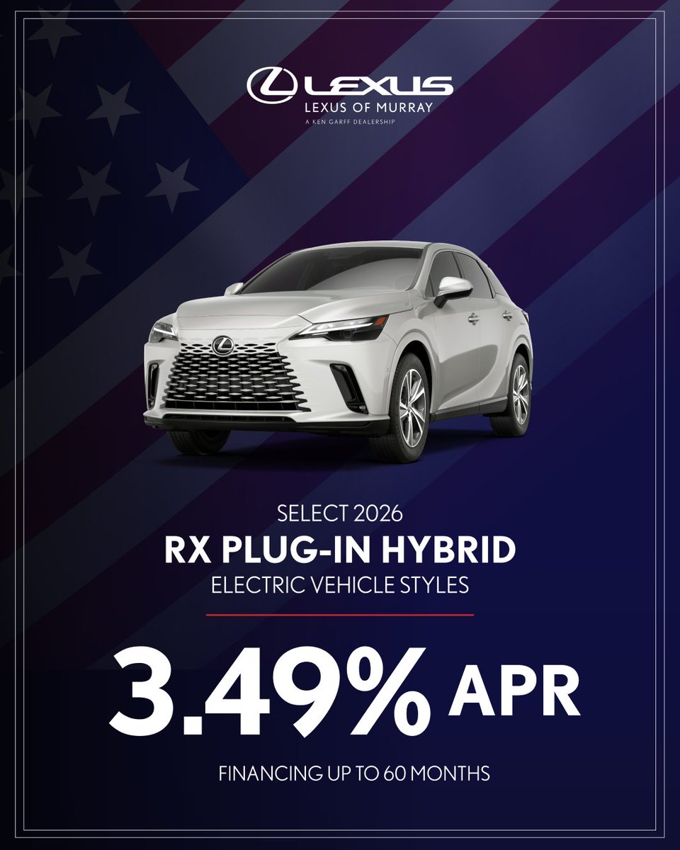 lexusofmurray's tweet photo. Explore the 2026 RX Plug-In Hybrid and enjoy 3.49% APR financing for up to 60 months*.

Shop now: https://t.co/pBEPHIDv8n

*See dealer for details. Offer expires 6/1/26. https://t.co/XgCEv14Uvr