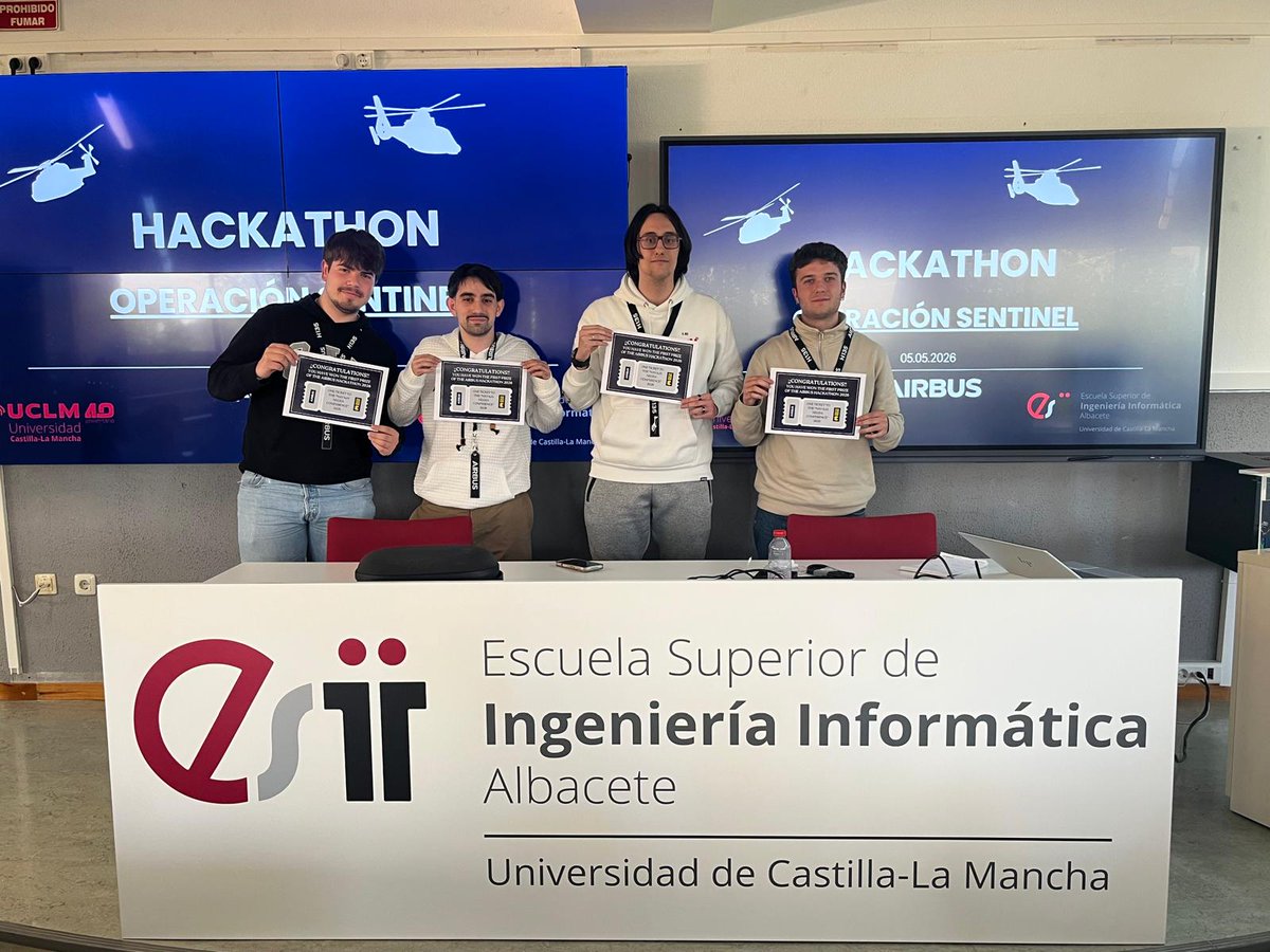 esiiab's tweet photo. @uclm_es Y aquí a los campeones de la Hackathon Airbus. ¡Enhorabuena por el primer puesto! 

👏👏🏆🏆🏆🏆👏👏

@esiiab @uclm_es https://t.co/EILoye12OU