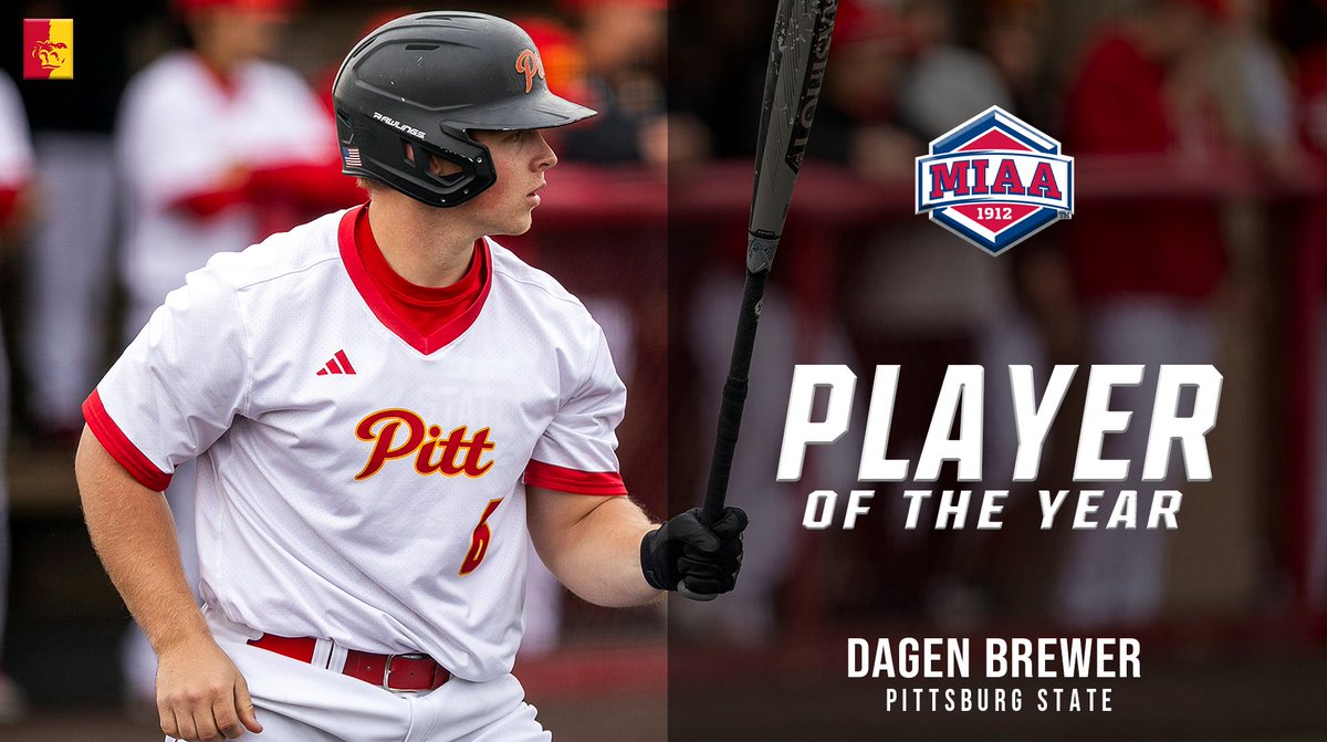TheMIAA's tweet photo. Congratulations to Pittsburg State outfielder Dagen Brewer on being crowned the 2026 MIAA Baseball 𝐏𝐋𝐀𝐘𝐄𝐑 𝐎𝐅 𝐓𝐇𝐄 𝐘𝐄𝐀𝐑 ⚾️👑🦍

#BringYourAGame https://t.co/DRqFPPK4Q9