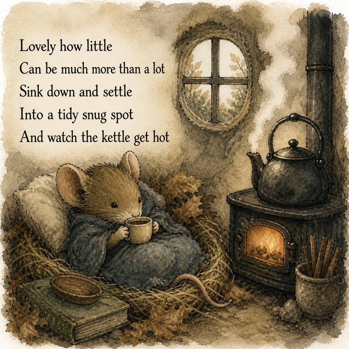 Apotheosystem's tweet photo. Lovely how little
Can be much more than a lot
Sink down and settle
Into a tidy snug spot
And watch the kettle get hot

Words: Mine
Image: AI, based on my words.

#WritingCommunity #poetry #tanka #mentalhealth #depression #anxiety https://t.co/0qqsSV8plO