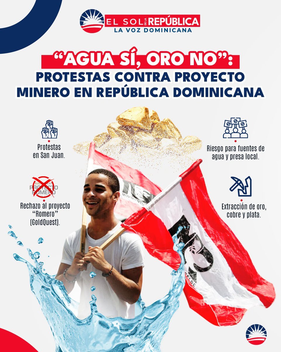 💧⛔️“Agua sí, oro no”
Protestas en San Juan, República Dominicana, contra el proyecto minero “Romero” de la empresa GoldQuest 🇨🇦.
La población alerta sobre el riesgo a fuentes de agua, una presa clave y la agricultura local, ante la posible extracción de oro, cobre y plata.
El