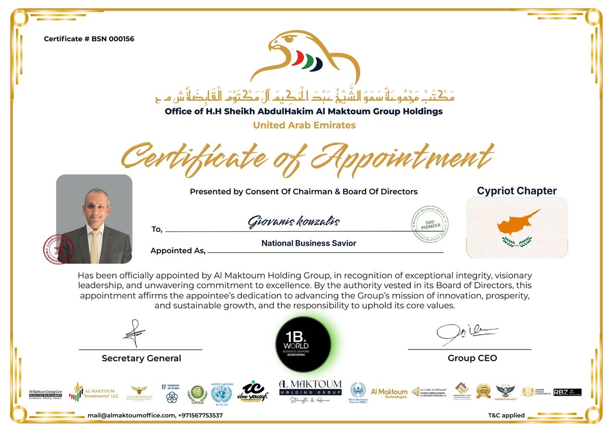 1BWorlds's tweet photo. Welcome Mr. Giovanis Kouzalis as 1B. National Business Savior  – Cypriot Chapter!
Recognized among 100 Global Pioneers, they drive innovation, leadership &amp; international impact.
#1BWorld #BusinessSavior #100Pioneers #LeadershipExcellence https://t.co/4yF0ejPPrG