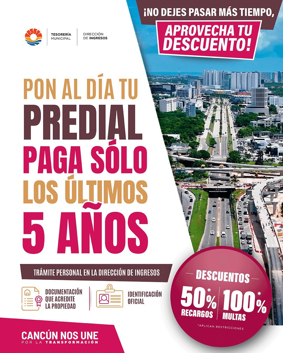 lead2scs's tweet photo. 🚨 Aprovecha este beneficio:

50% de descuento en recargos

100% en multas

*Aplican restricciones

🏡 Regulariza tu predial pagando solo los últimos 5 años

📍 Ponte al día hoy

#CancúnNosUne
#Predial #Descuentos #Cancún #Trámites https://t.co/OXv9GYbMFy