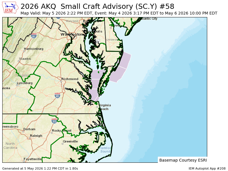 AKQ extends time of Small Craft Advisory for Coastal waters from Chincoteague to Parramore Island VA out 20 NM, Coastal waters from Fenwick Island DE to Chincoteague VA out 20 NM [AN] till May 6, 10:00 PM EDT mesonet.agron.iastate.edu/vtec/f/2026-O-…