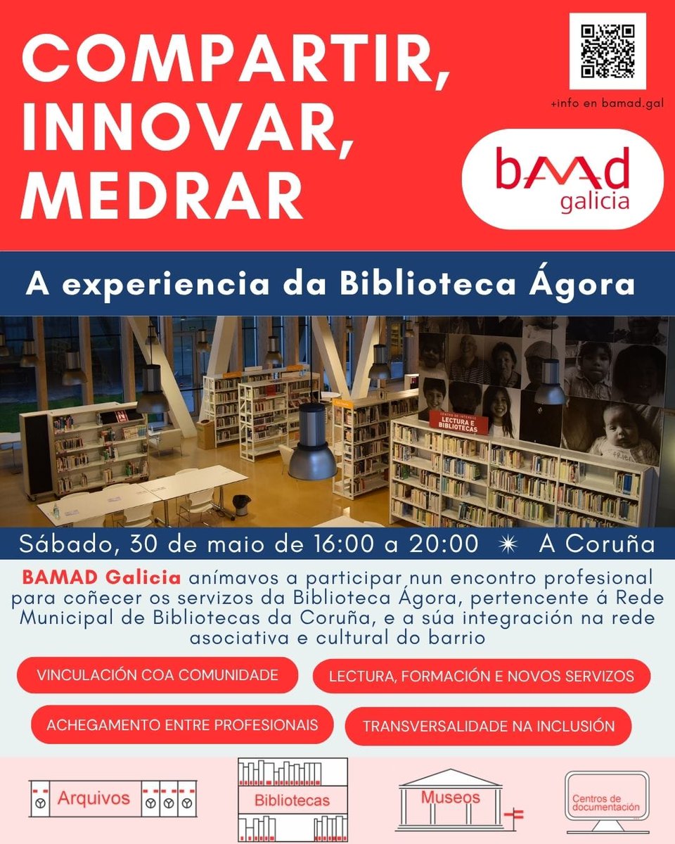 BamadGalicia's tweet photo. 📣 BAMAD convídate a participar nun encontro profesional na Biblioteca Ágora o vindeiro sábado 30 para coñecer de preto os proxectos que se desenvolven no centro e o seu papel dentro da rede cultural e asociativa do barrio!
🗓 30/05, 16 a 20 h.
🍽 Posibilidade de comida previa https://t.co/OH74q6hd21