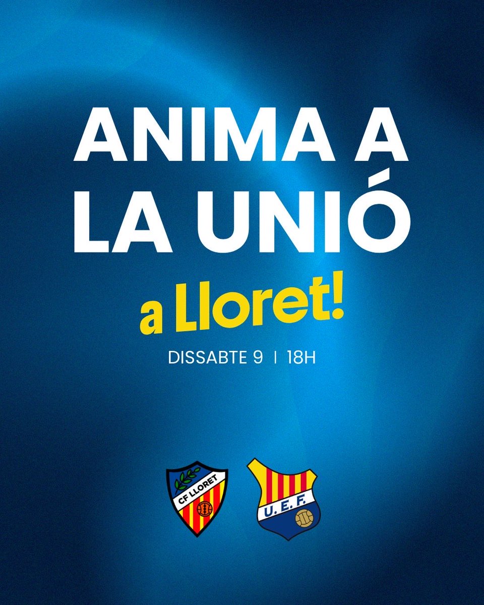 UEFigueres's tweet photo. 𝗩𝗜𝗡𝗘 𝗔 𝗟𝗟𝗢𝗥𝗘𝗧!

La Unió paga totes les entrades dels nostres aficionats i aficionades que es desplacin aquesta propera jornada! 

Apunta’t a les oficines abans del 𝗱𝗶𝘃𝗲𝗻𝗱𝗿𝗲𝘀 𝟴 𝗱𝗲 𝗺𝗮𝗶𝗴 𝗮 𝗹𝗲𝘀 𝟭𝟯:𝟬𝟬𝗵 o al 972674036!

Necessitem el teu suport! 💙🤍 https://t.co/4wGcbFVtjU