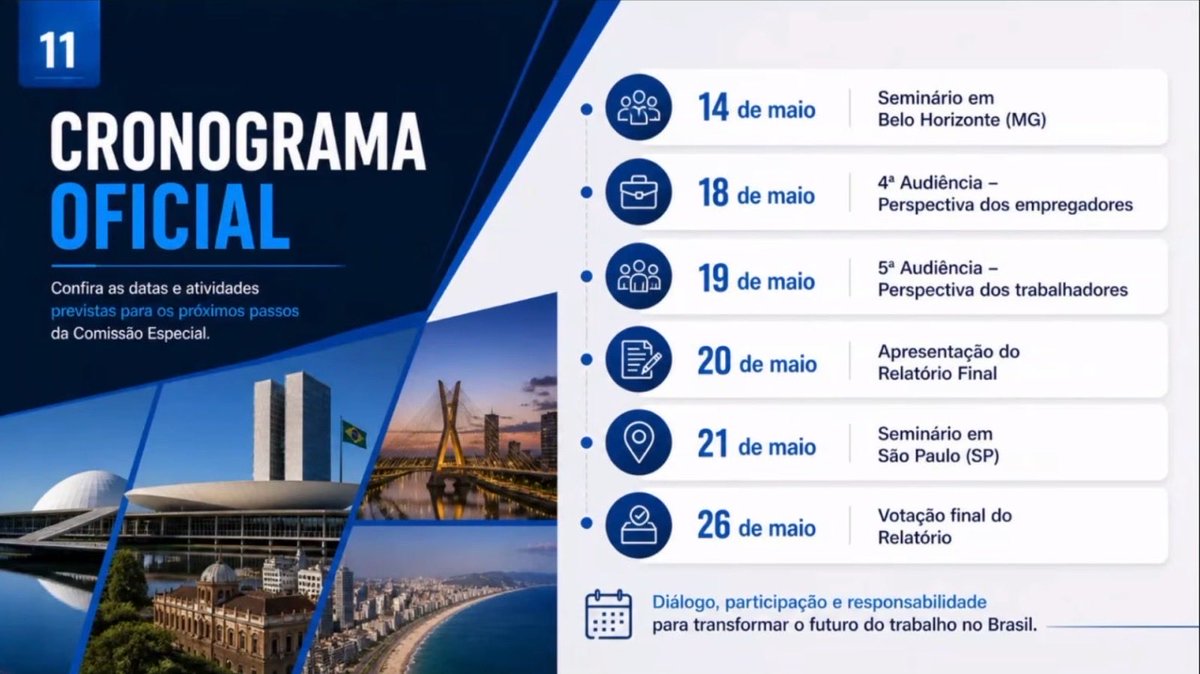 🚨VOTAÇÃO DO FIM DA ESCALA 6X1 JÁ TEM DATA! A Comissão Especial da Câmara dos Deputados divulgou os próximos passos da pauta e programou a votação para 26 DE MAIO! Povo, atenção com esses dias, precisamos de mobilização intensa nas redes! Vamos exigir a aprovação e SEM TRANSIÇÃO!