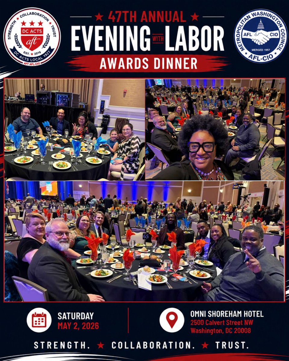 dcacts's tweet image. DC ACTS Leaders &amp;amp; Organizers at Metro Washington Council AFL-CIO’s Evening with Labor 2026 Awards Dinner ✊🏽

#DCActs #EveningWithLabor #UnionStrong #AFL-CIO