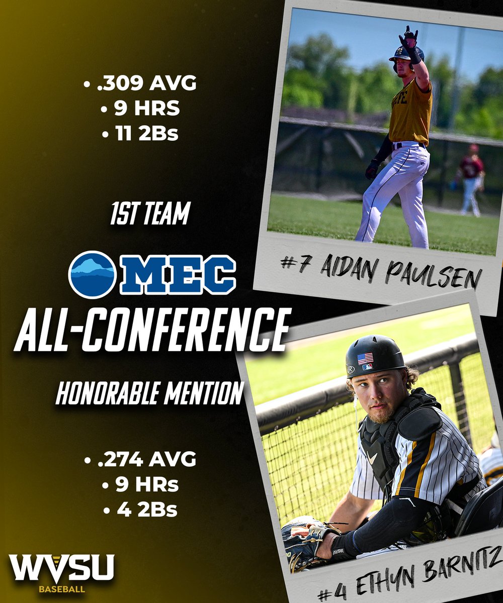 wvsuathletics's tweet photo. ⚾️| Aidan Paulsen earns 1st Team All-MEC, while Ethyn Barnitz comes in as Honorable Mention!

#GoState 🐝 https://t.co/2CNil47XLu