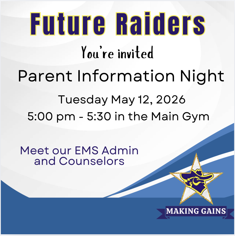 EMS_Raiders's tweet photo. 🚨 Attention future Raiders! We invite you to join us next week for a parent information night. This meeting is for all new incoming 6th graders or any students who will be new to EMS. We look forward to welcoming you to Eastwood 💙💛 #ChooseEastwood #MakingGainsPrioritizingALL https://t.co/wx0KcNOu6O