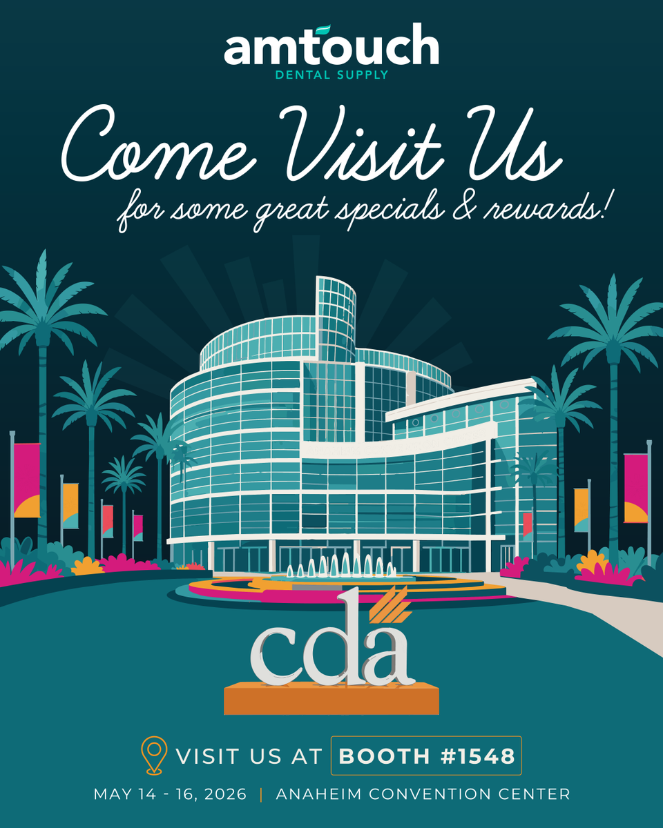 AMTouchDental's tweet photo. We're at CDA 2026! 🦷 Visit us at Booth #1548, Anaheim Convention Center (May 14–16) for great specials &amp; rewards.

Not attending? Let us know — we still have promos for you! 🙌

#CDA2026 #AmtouchDentalSupply https://t.co/YmLf9gh183