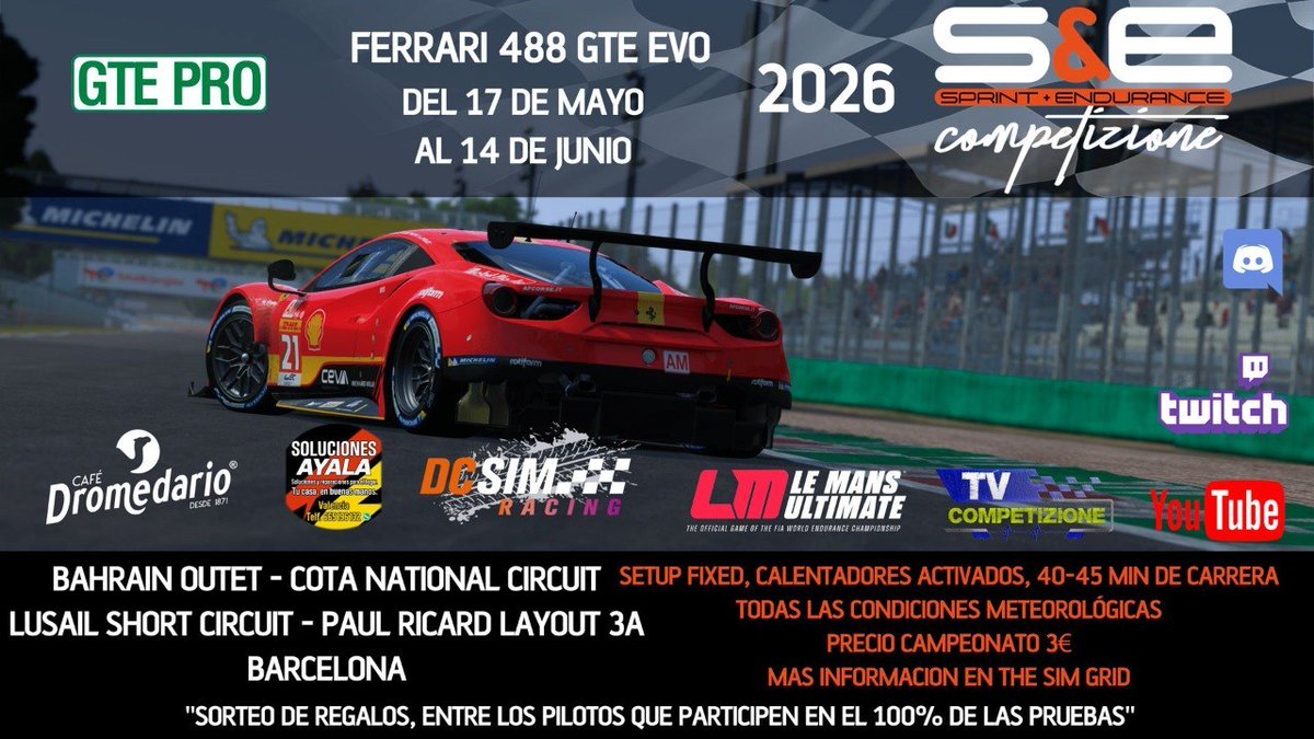 SCompetizione's tweet photo. Abiertas las inscripciones para el próximo campeonato en @SCompetizione de la mano siempre con los mejores @dcsimracing
Toda la información en nuestro Discord
https://t.co/fD77rpEZGZ…
Con la retrasmisión de @Tvcompetizion
Premios en metálico para el podium y sorteo de regalos https://t.co/y69wGcrl0p