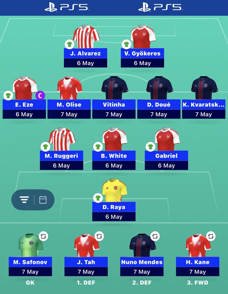 UCL Semi-Final – 2nd Leg 🔒⚽️
Team locked. ✅  

3 transfers made —  
• Hakimi ➝ Mendes  
• Saliba ➝ Ruggeri  
• Martinelli ➝ Eze  

🧢 Armband on Eze for now.  
Most likely changing it tomorrow… unless he does something absolutely unthinkable tonight 😭🔥  

Honestly