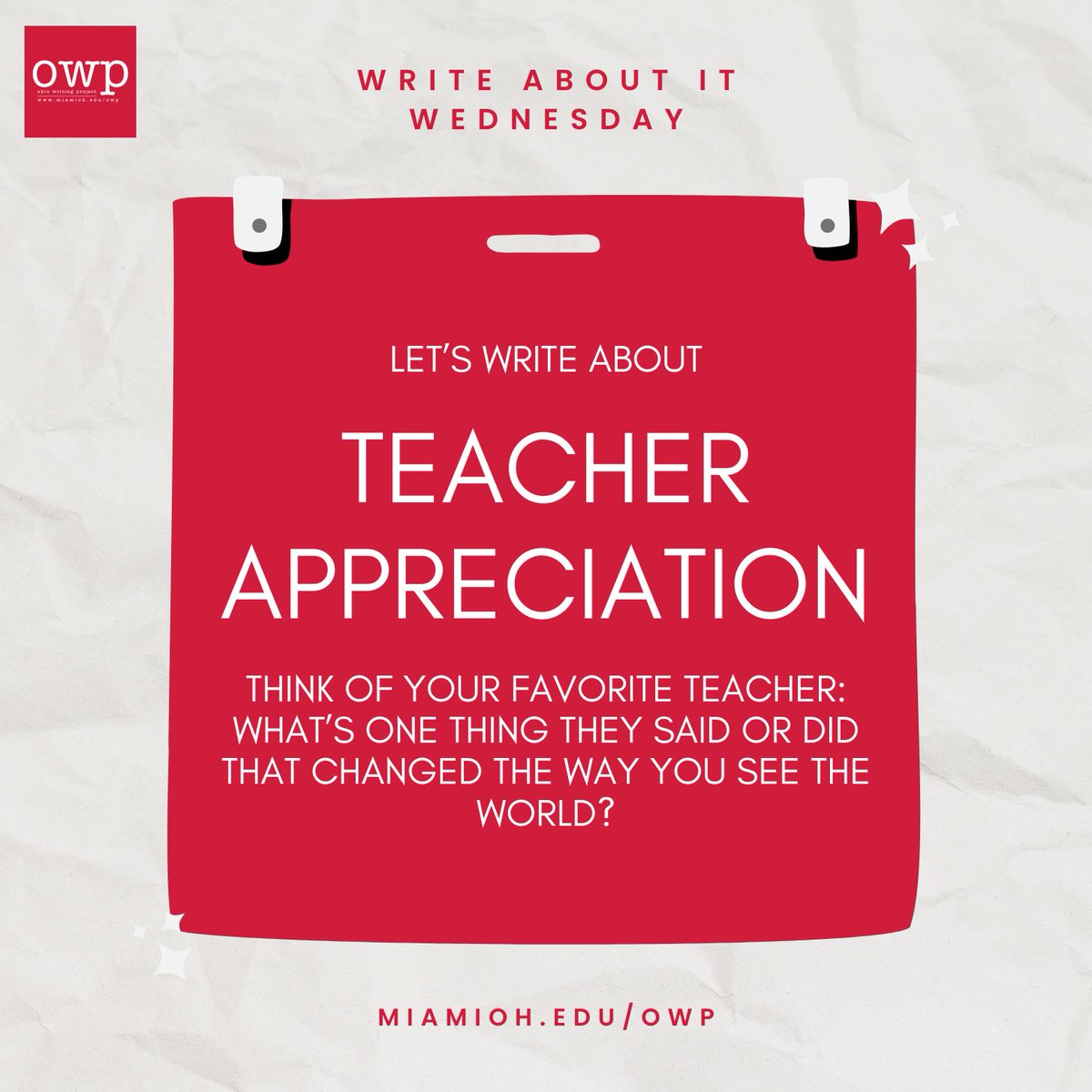 owpmu's tweet photo. Teacher Appreciation Week ✏️

Think of a teacher who changed the way you see the world. What’s one thing they said or did that stuck with you? Share it in a sentence or two. Reply &amp; share your writing👇

#OWP #ohiowritingproject #writingproject #teacherappreciation #writingprompt https://t.co/OSNDFiHI9t