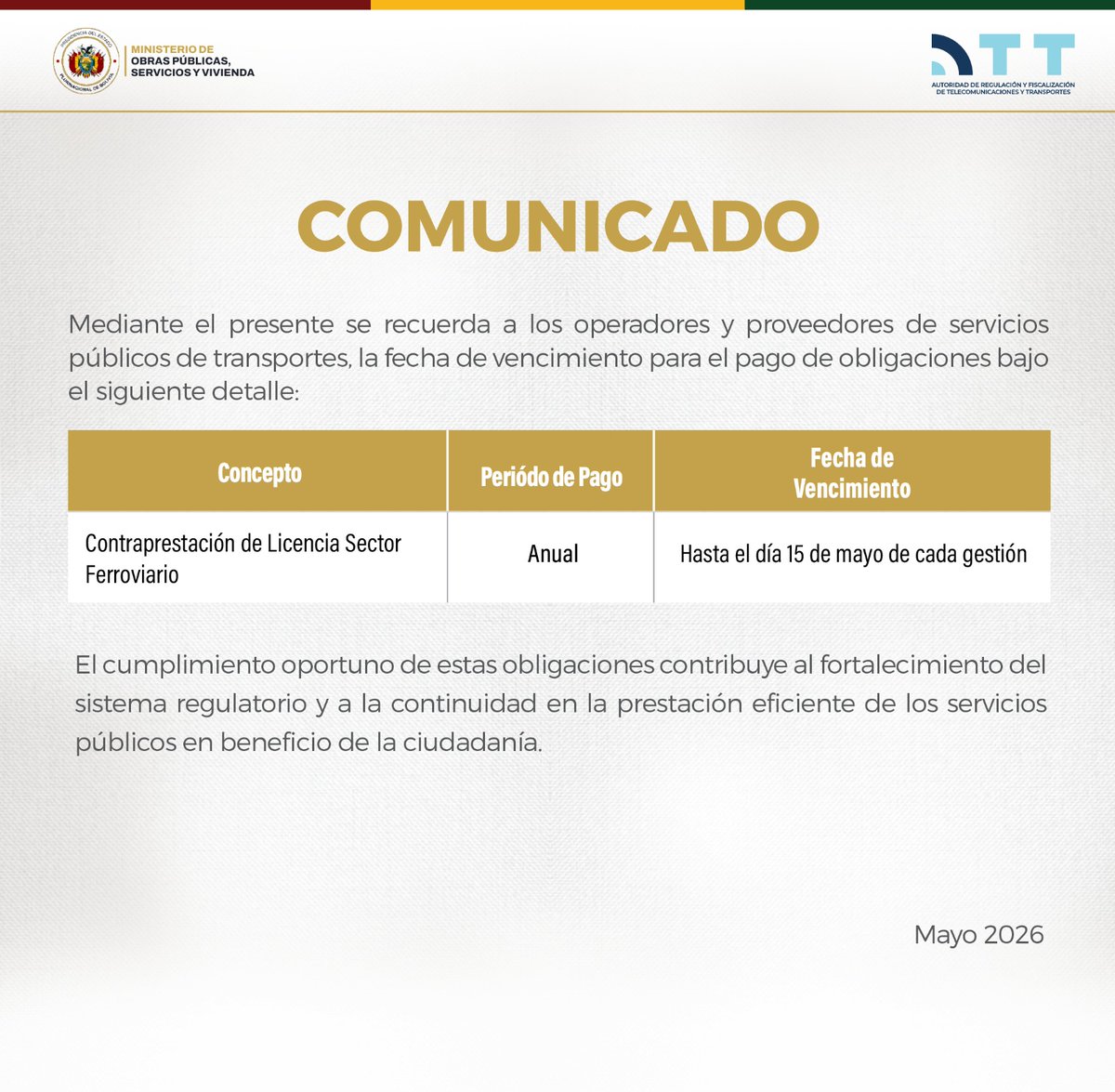 ATTBolivia's tweet photo. 📢 Atención operadores del sector ferroviario
El plazo para el pago de la contraprestación de licencia es hasta el 15 de mayo de cada gestión.
Cumplir oportunamente fortalece el sistema y asegura servicios eficientes para la ciudadanía.
#obligación #ATT #Bolivia https://t.co/MsBxOqxxVP