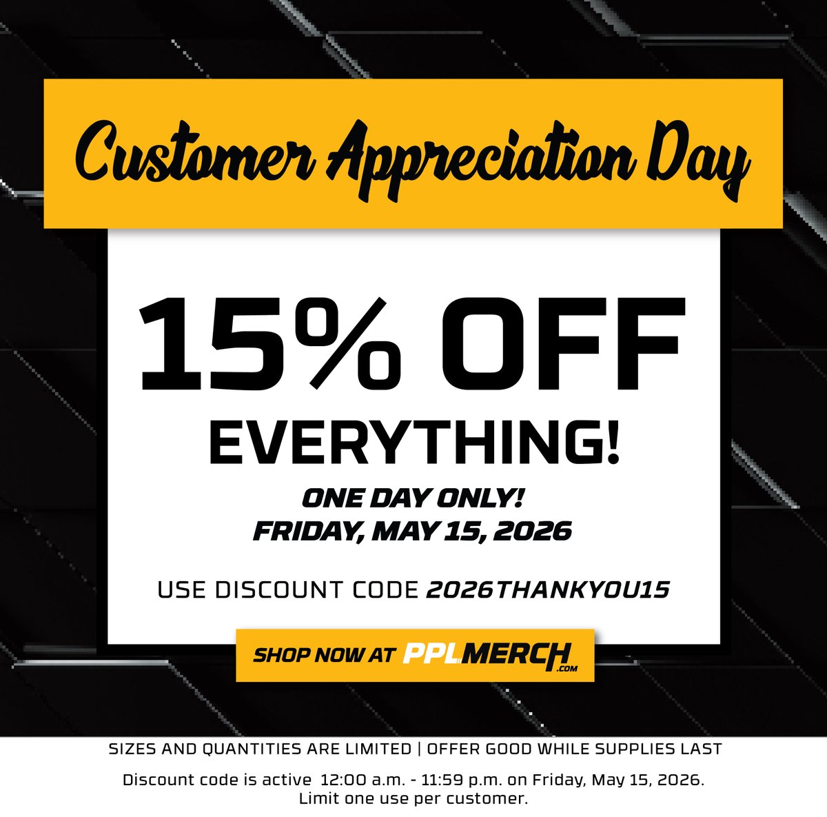 PrecisionPL's tweet photo. Customer Appreciation Day @ https://t.co/uFNwewxIcB

• One day only – Friday, May 15, 2026
��� On ALL products
• Must enter discount code 2026THANKYOU15 at check out 
• Discount code is active 12:00 a.m. - 11:59 p.m. on Friday, May 15, 2026.
• Limit to one use per customer https://t.co/01igqLp8wA