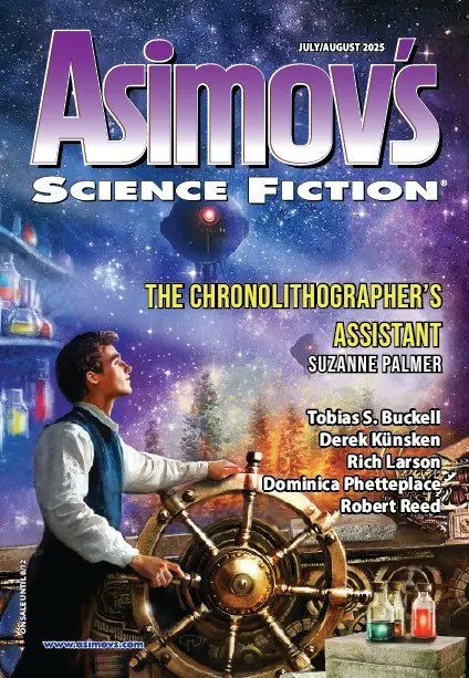 MManzieri's tweet photo. BREAKING NEWS! I’m truly thrilled to share that
Suzanne Palmer and I are once again both finalists for the Asimov’s Readers’ Awards  (third time!). My illustration was created for her wonderful  story, THE CHRONOLITOGRAPHER'S ASSISTANT, featured in the July/August 2025 issue! https://t.co/jc0QKtYixZ
