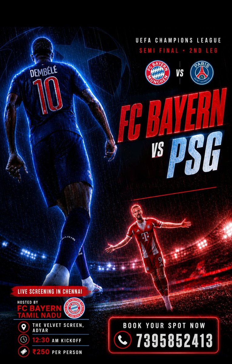 FCBayernTN's tweet photo. ℂ𝕙𝕖𝕟𝕟𝕒𝕚, 𝕚𝕥'𝕤 𝕥𝕚𝕞𝕖 𝕗𝕠𝕣 𝔹𝕒𝕪𝕖𝕣𝕟 𝕧𝕤. ℙ𝕊𝔾! 🔥

The biggest night of the season is here!

Join the official Bayern Fanclub Tamil Nadu for an electrifying LIVE screening with fellow fans, chants, energy, and pure football madness. https://t.co/lopcSfU5xs