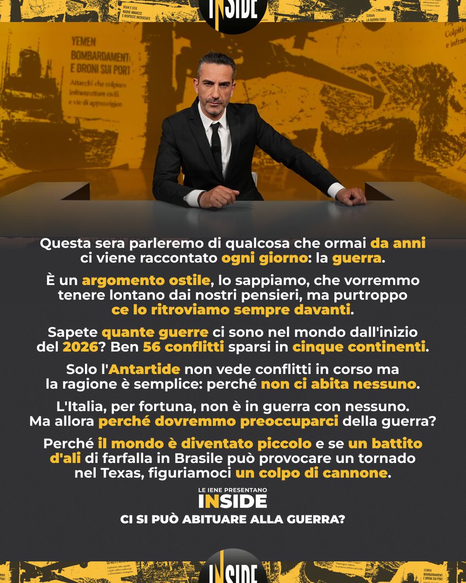 Inizia ora una nuova puntata di “Le Iene presentano: Inside”.

Con Matteo Viviani e Nicola Remisceg parleremo di guerra a tutto tondo, tra conflitti sempre più diffusi e un mondo in cui è sempre più difficile considerarla qualcosa di lontano. Vedremo insieme cosa sta succedendo