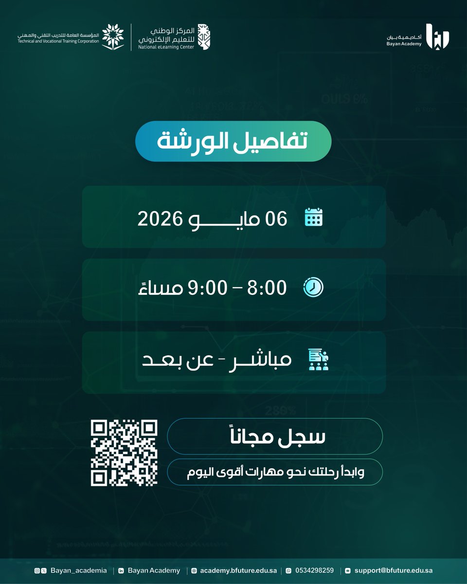 Bayan_academia's tweet photo. 📌 ورشة مجانية

مقدمة عملية للتعرف على كيفية توظيف البيانات في دعم اتخاذ القرار باستخدام Power BI، من خلال استعراض تطبيقي  لأهم الخطوات.

بنهاية الورشة، ستكون لديك معرفة بـ:
✔️ آلية استيراد البيانات
✔️أساسيات معالجة البيانات
✔️ مبادئ تمثيل البيانات بصريًا
✔️ دور هذه الخطوات في دعم اتخاذ القرار

لمن هذه الورشة؟
- المهتمين بتطوير فهمهم في تحليل البيانات
- من يرغب في التعرف على كيفية الاستفادة من البيانات بشكل عملي

🎓 شهادة حضور معتمدة من أكاديمية بيان

سجل الآن واكتسب فهمًا أوليًا لكيفية توظيف البيانات في دعم القرار 👇

https://t.co/nVvmAGMeih