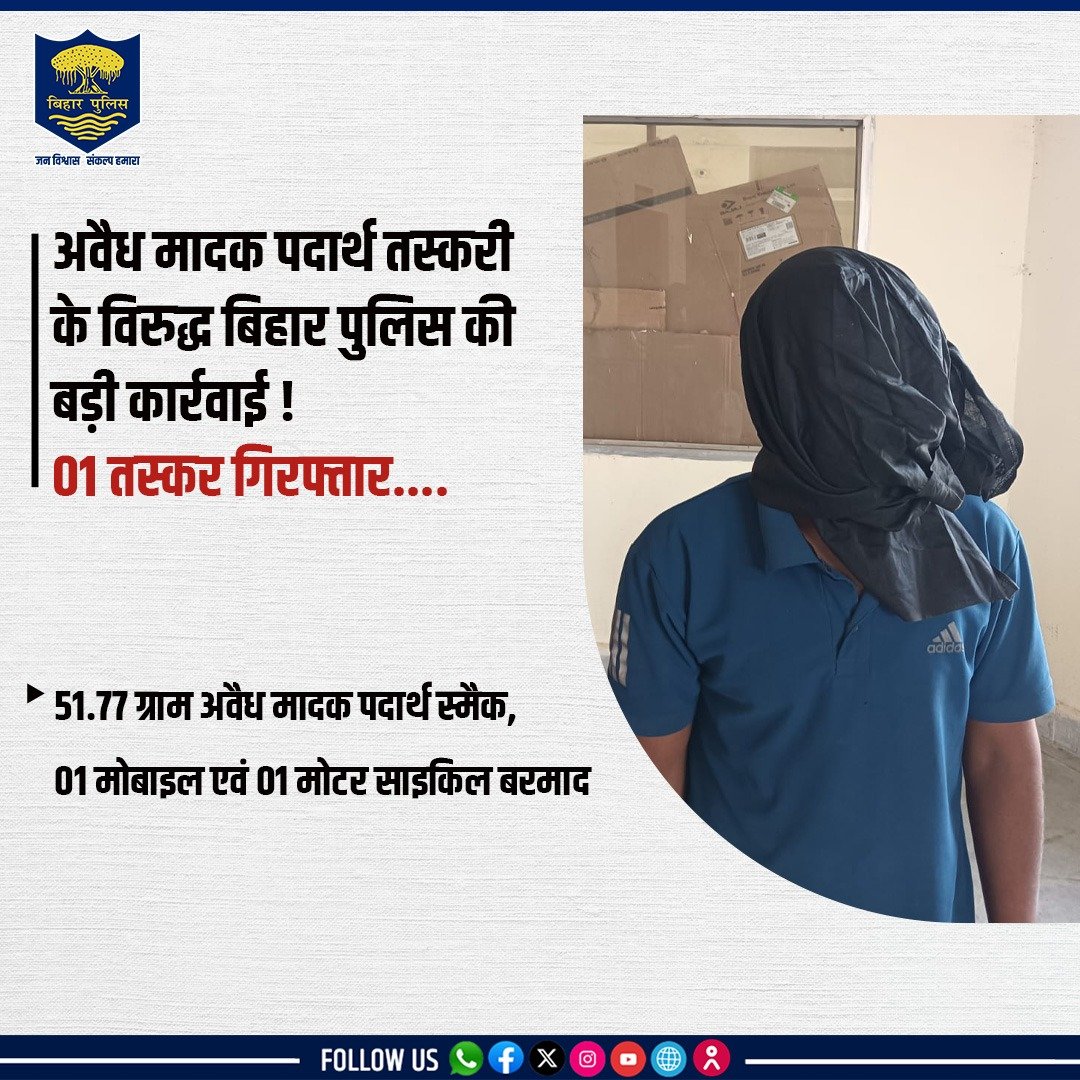 bihar_police's tweet image. अवैध मादक पदार्थ तस्करी के विरुद्ध #BiharPolice की बड़ी कार्रवाई !
51.77 ग्राम स्मैक के साथ 01 तस्कर गिरफ्तार...(1/2)
.
.
#HainTaiyaarHum #Bihar