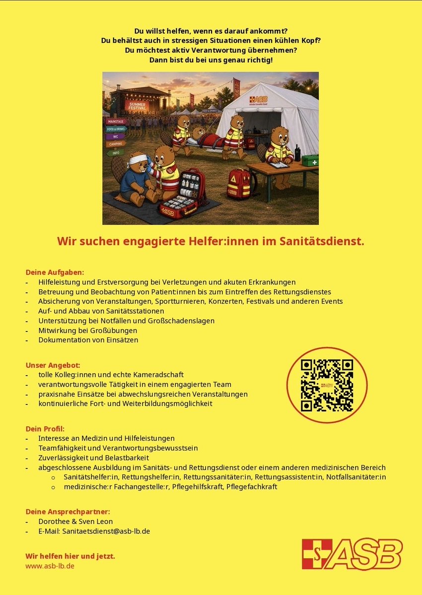 🚑 Du willst helfen, wenn es darauf ankommt? 

Werde Teil unseres Sanitätsdienst Teams! 

Ob Festival oder Notfall – wir sind da, wenn jede Sekunde zählt. 💪

👉 Jetzt mitmachen &amp; Leben retten!

#Sanitätsdienst #Ehrenamt #ErsteHilfe #Rettungsdienst #ASB #WirHelfen #Teamwork