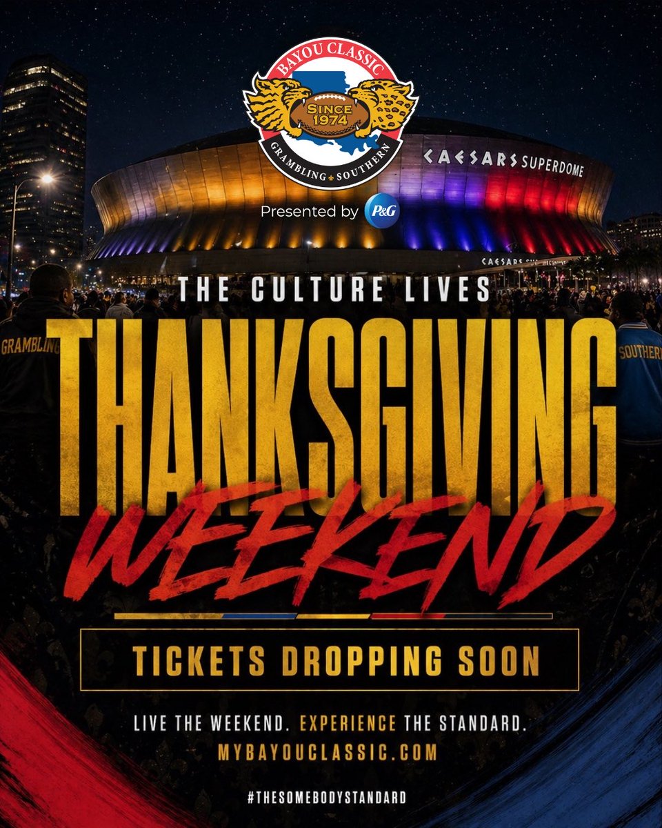 BayouClassic74's tweet photo. The Culture Lives. 🏈

Thanksgiving Weekend in NOLA.

Tickets drop Friday, May 8.
Be ready.

🎟 https://t.co/MqJzTqyR2w
#TheSomebodyStandard https://t.co/shN4GC9CAI