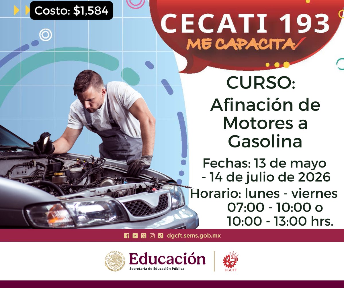 cecati193's tweet photo. CECATI 193 te invita a capacitarte en la especialidad de Mantenimiento Electromecánico del Automóvil.
Acude al plantel y realiza tu inscripción.
Para mayores informes comunícate a los teléfonos:
(867) 717 0848, 717 2417
Horarios de atención de lunes a viernes de 08:00 a 20:00 hrs https://t.co/9Egy7V5CYw