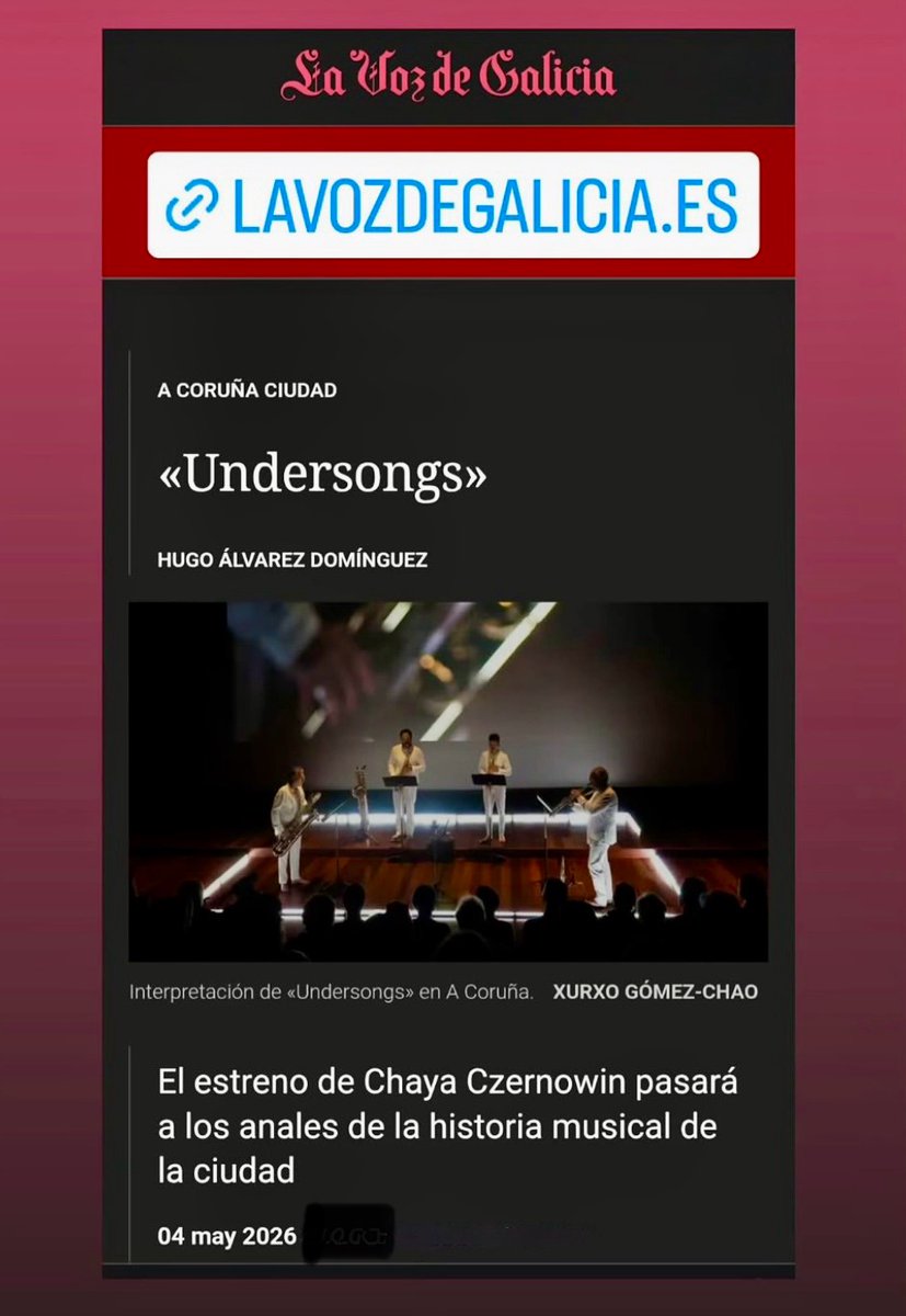 sigma_project's tweet photo. También el periódico @lavozdegalicia se hace eco del maravilloso estreno mundial de #undersongs de @chayaczernowin7  en el @ResisFestival Un hermoso texto que firma el periodista #hugoálvarezdomínguez. 
¡¡ Muy agradecidos !! https://t.co/dXg11qC7oK