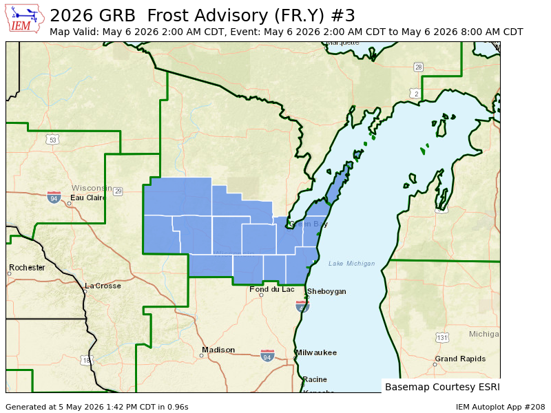 GRB issues Frost Advisory valid at May 6, 2:00 AM CDT for Brown, Calumet, Door, Kewaunee, Manitowoc, Marathon, Outagamie, Portage, Shawano, Waupaca, Waushara, Winnebago, Wood [WI] till May 6, 8:00 AM CDT mesonet.agron.iastate.edu/vtec/f/2026-O-…